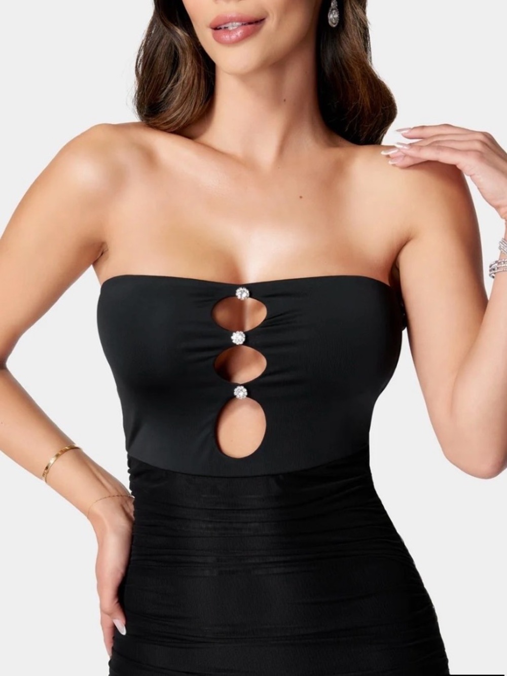 🆕 BEBE Black Tube Mini Dress Strapless Bodycon Cutouts Crystals Women’s Size XXS - Picture 3 of 16